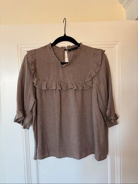 Zara Brown Houndstooth Ruffle Blouse